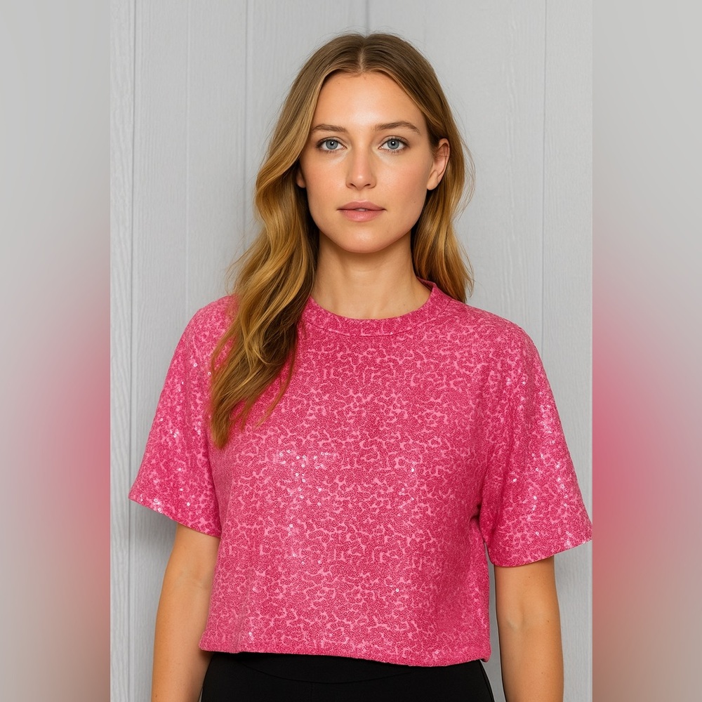 H&M Vibrant Pink Sequin Short Sleeve Top